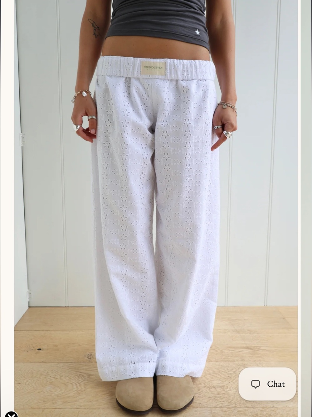 Studio Seven Designs Lazy Daisy Pants White Eyelet Cotton Wide-Leg Pants, EUC